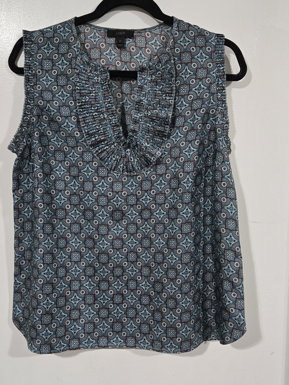 J. Crew 100% Silk Margo Medallion Ruffle-Trim Sleeveless Blouse 8